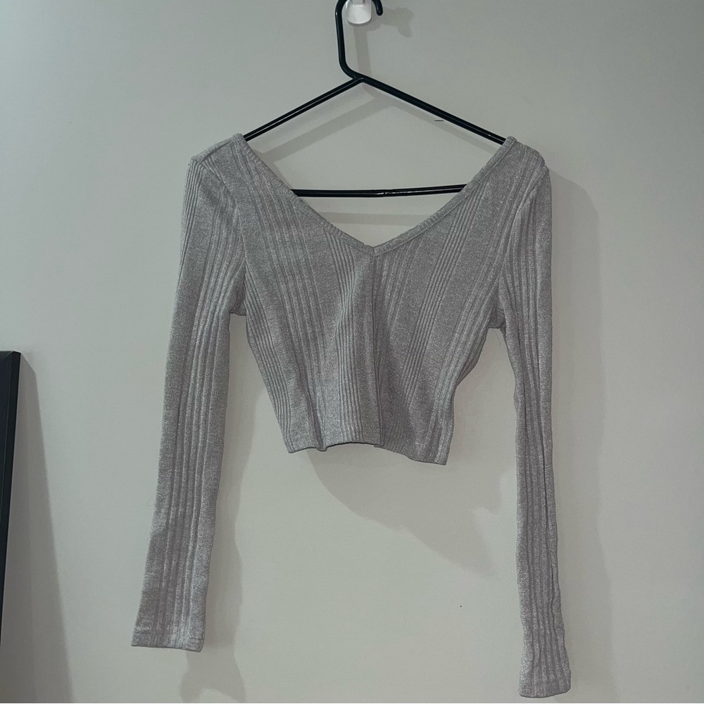 Gray Ribbed V-Neck Women's Top
